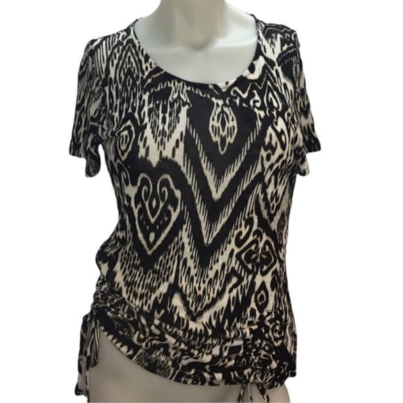 INC International Concepts Printed Short Sleeve Top Medium NWT Black/Brown/White - Picture 1 of 6